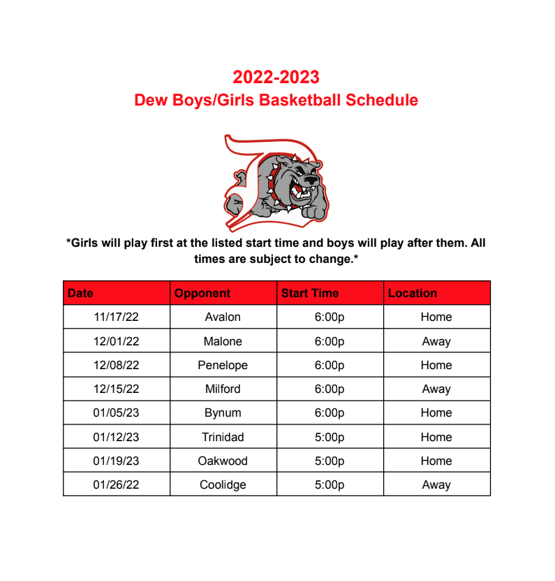 2022-2023 Basketball Schedule