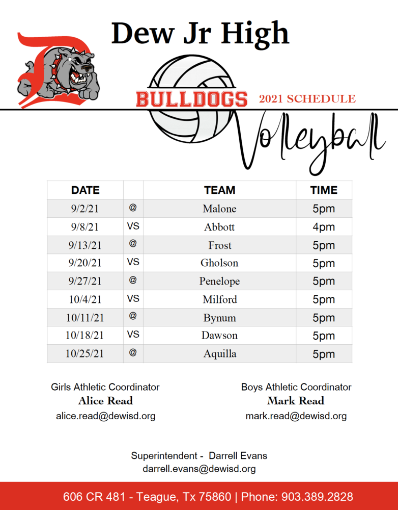 Dew ISD Volleyball Schedule 2021-22 | Dew Independent School District